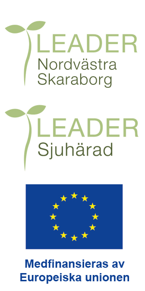 Logotyper för Leader Nordvästra Skaraborg, Leader Sjuhärad samt Europeiska unionen. 